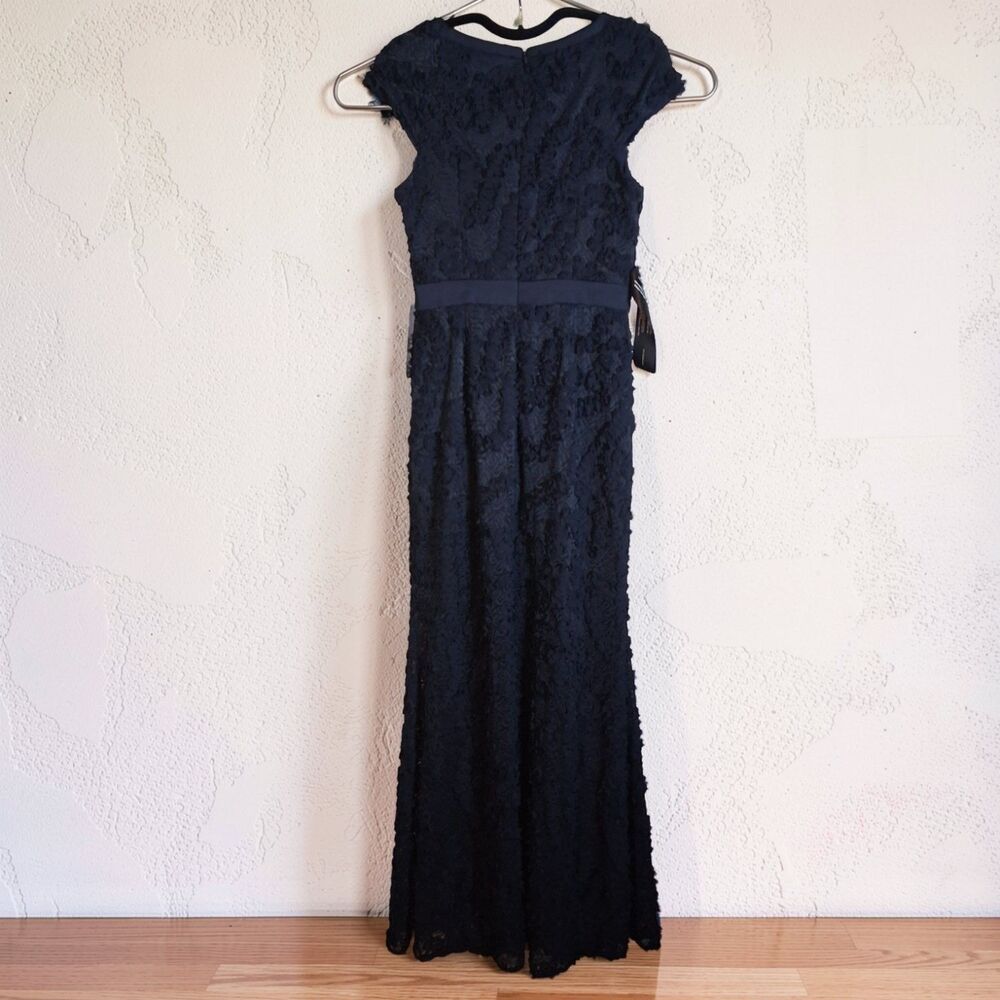 NWT JS Collections Navy Blue Ribbon Lace Formal Evening Gown Maxi Dress Size 6